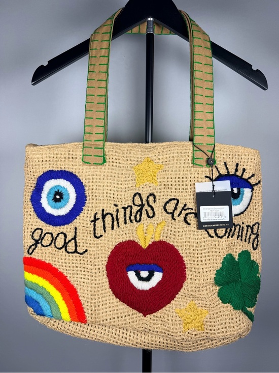 America & Beyond Handbags - America & Beyond “Good Things” Embroidered Straw Tote Bag - Multicolor